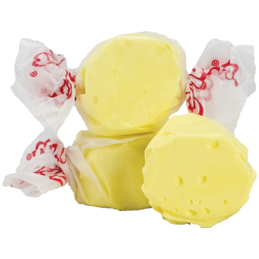 Taffy Town Butter Taffy - Gourmet Salt Water Taffy Candy with a rich, buttery flavor, featuring smooth yellow taffy pieces individually wrapped in classic white and red Taffy Town packaging.